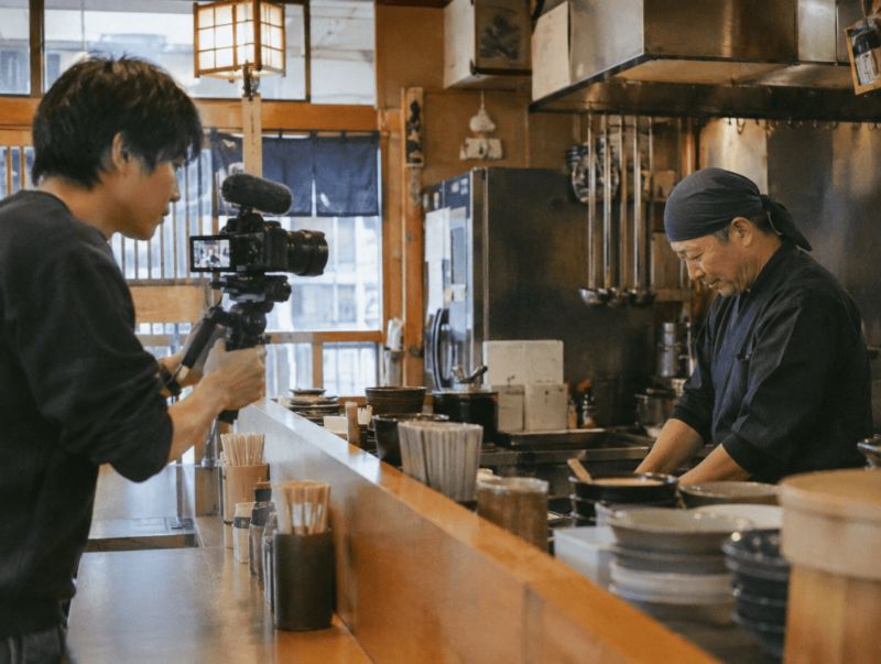 お店の料理人と料理を撮影するクリエイター