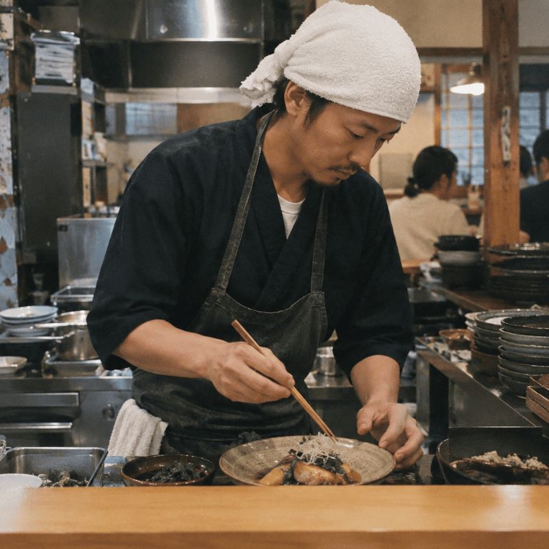 料理を盛り付ける料理人