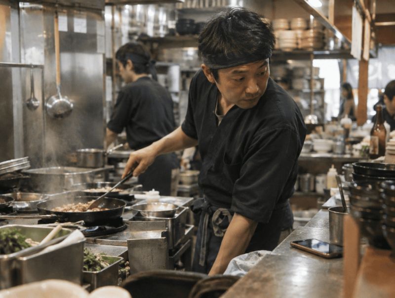 厨房で鍋をふる料理人