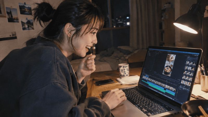 夜に動画を編集するクリエイター