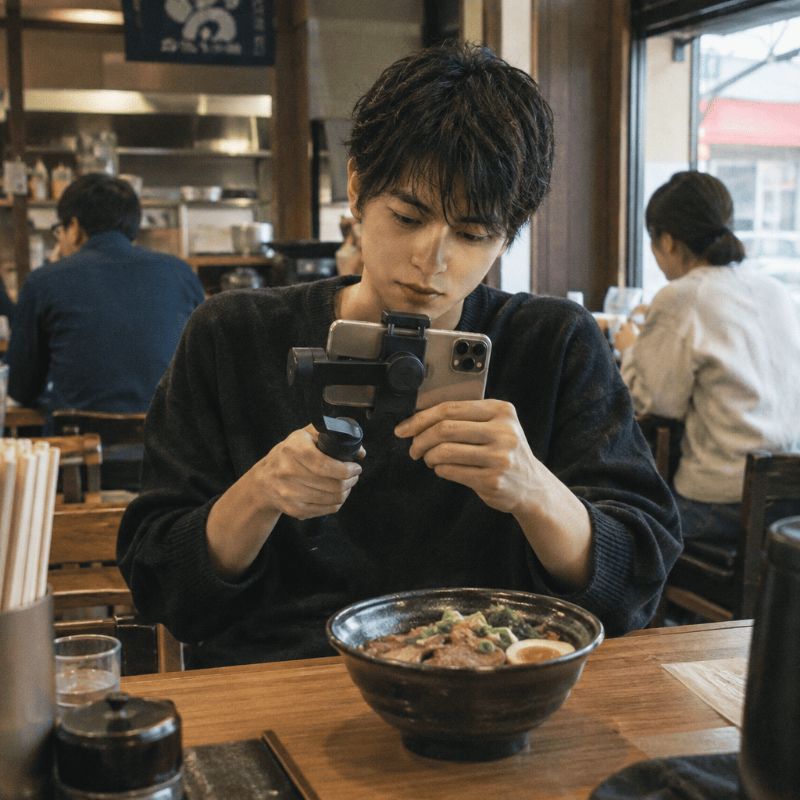 ジンバルでラーメンを撮影するクリエイター
