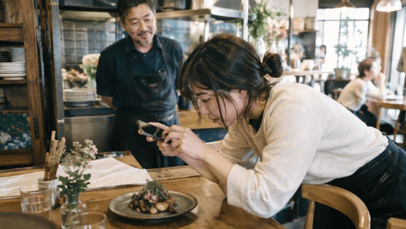 お店の料理をスマートフォンで撮影するクリエイター