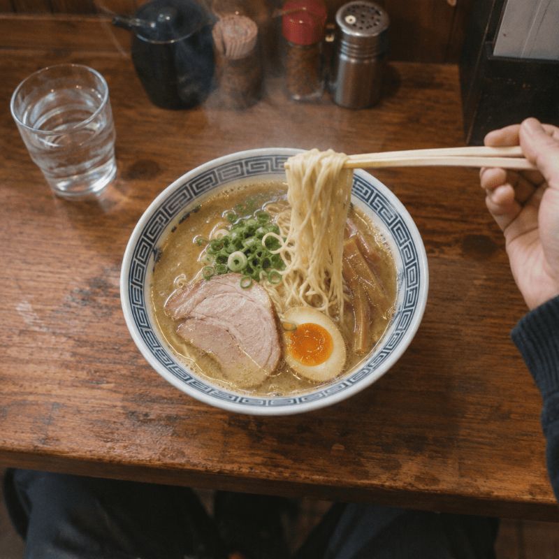 ラーメンを箸で持ち上げた様子