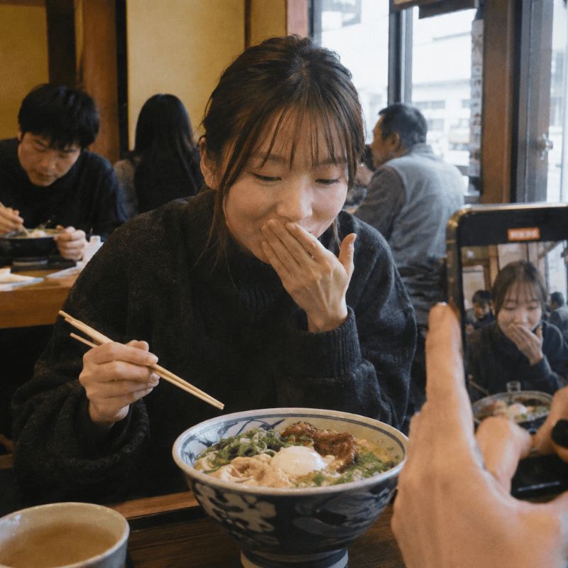 うどんを食べる様子をスマートフォンで撮影